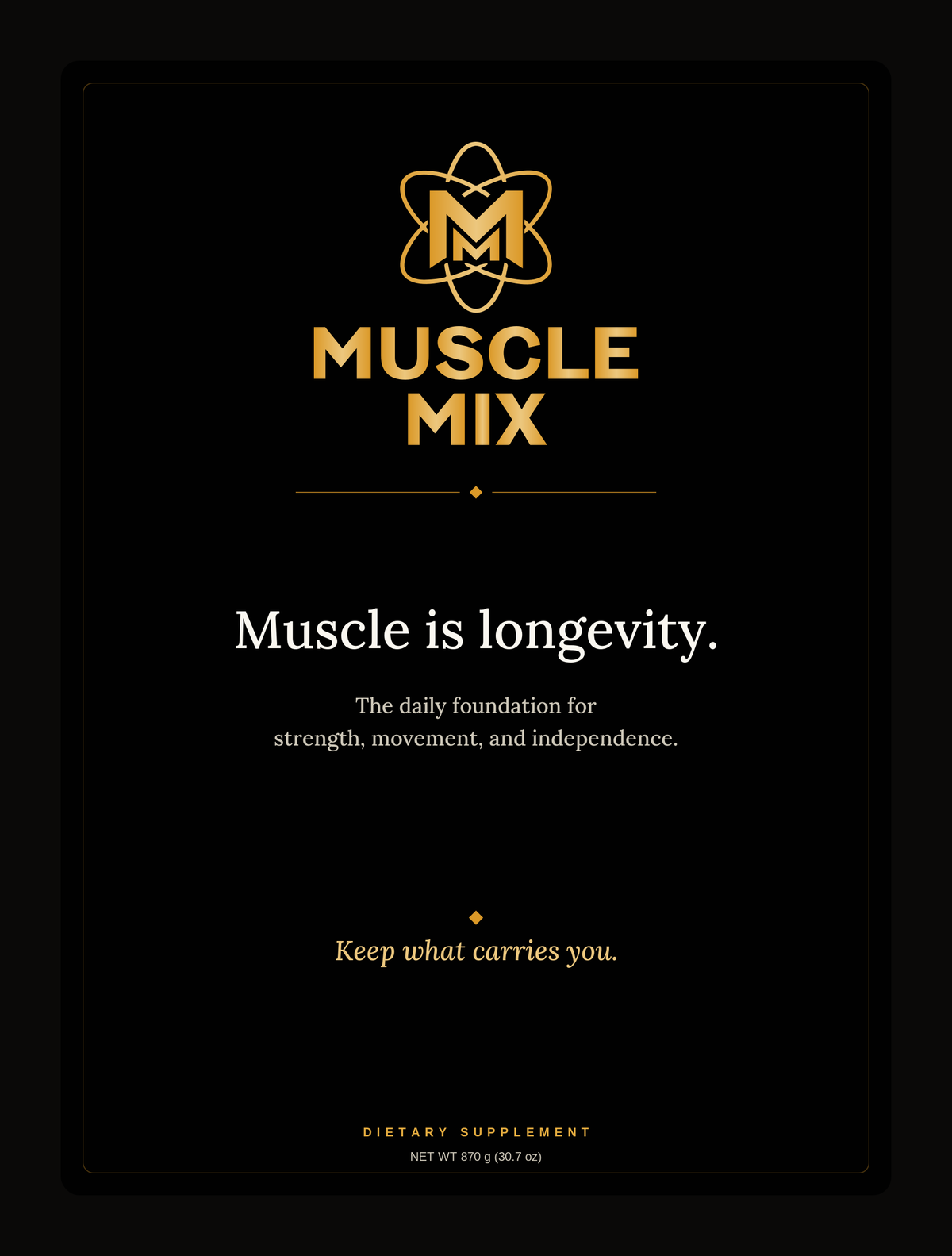 Muscle Mix front label: a black panel with the gold Muscle Mix atom logo and wordmark, the line "Muscle is longevity," and beneath it "The daily foundation for strength, movement, and independence." Closing line reads "Keep what carries you." Dietary supplement, net wt 870 g (30.7 oz), 30 servings.